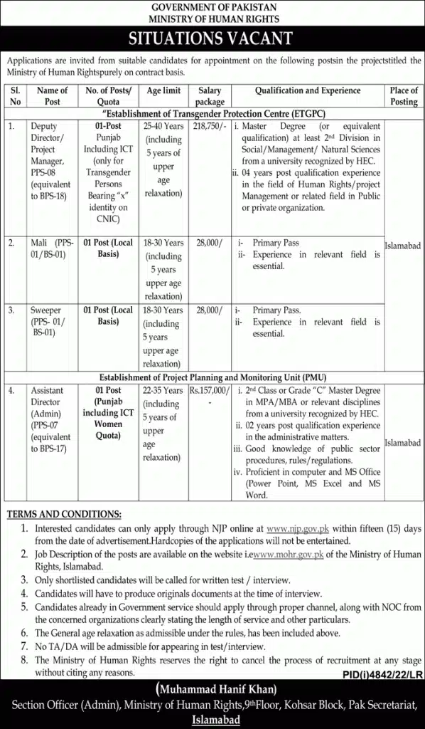 Official Advertisement Of Ministry Of Human Rights Jobs 2023 In Islamabad At Njp