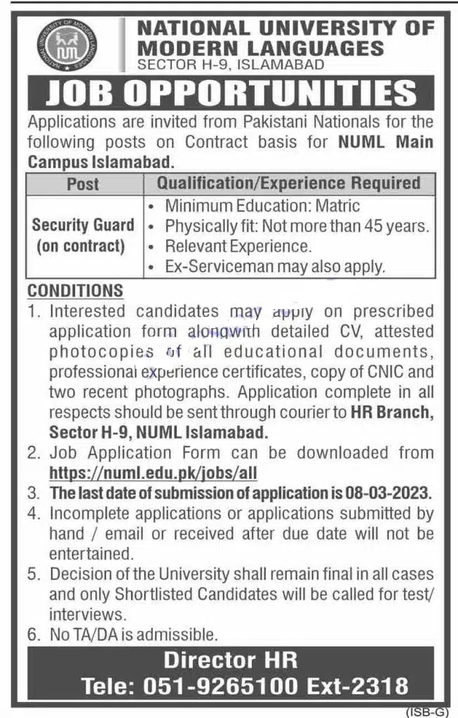 Official Advertisement Of National University Of Modern Languages (Numl) Jobs 2023 In Islamabad:
