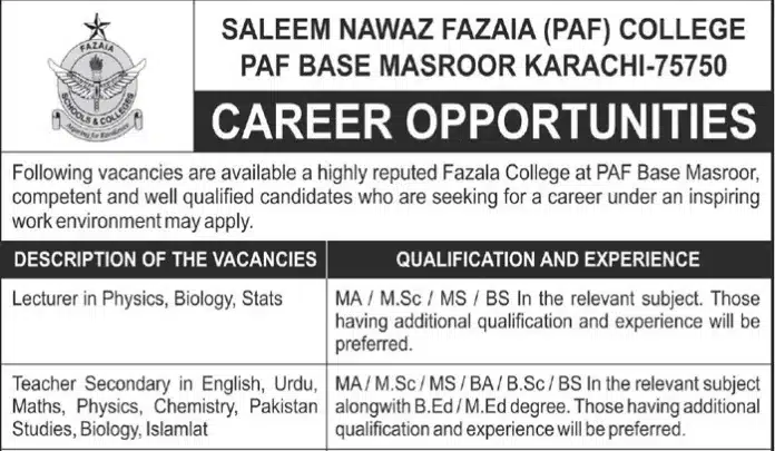Pakistan Air Force Paf Fazaia College Jobs 2023 In Rawalpindi