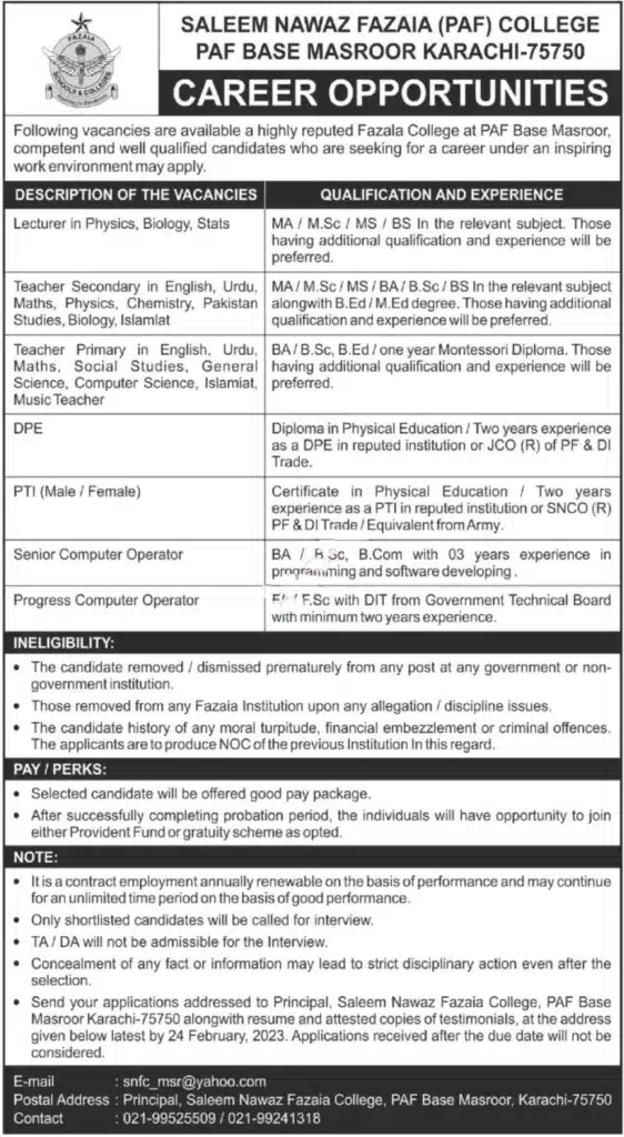 Official Advertisement Of Pakistan Air Force Paf Fazaia College Jobs 2023 In Rawalpindi: