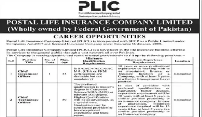 Postal Life Insurance Company Limited Jobs 2023