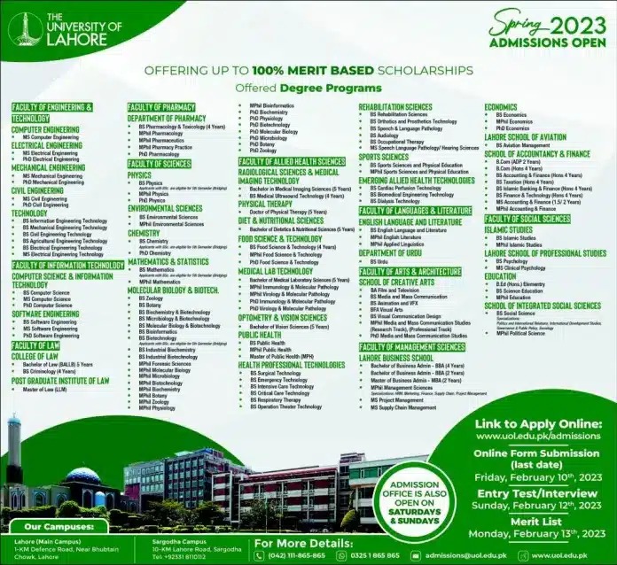 Official Advertisement Of University Of Lahore (Uol) Spring Admissions 2023