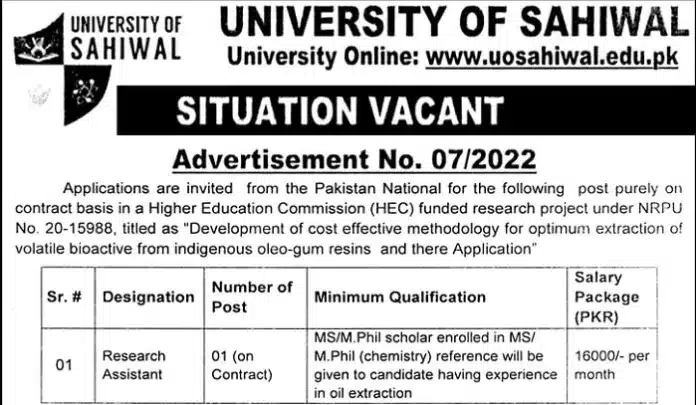 University Of Sahiwal Jobs 2023 For Research Assistant