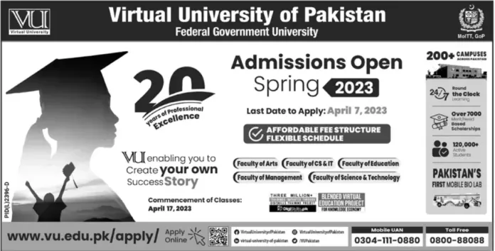 Official Advertisement Of Virtual University (Vu) Of Pakistan Spring Admissions 2023: