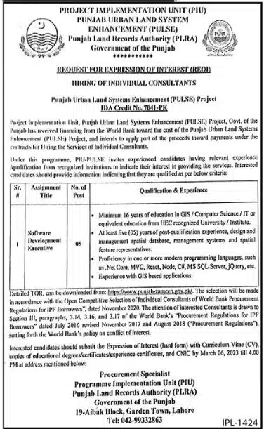 Official Advertisement Of Punjab Land Records Authority Plra Jobs 2023 In Lahore