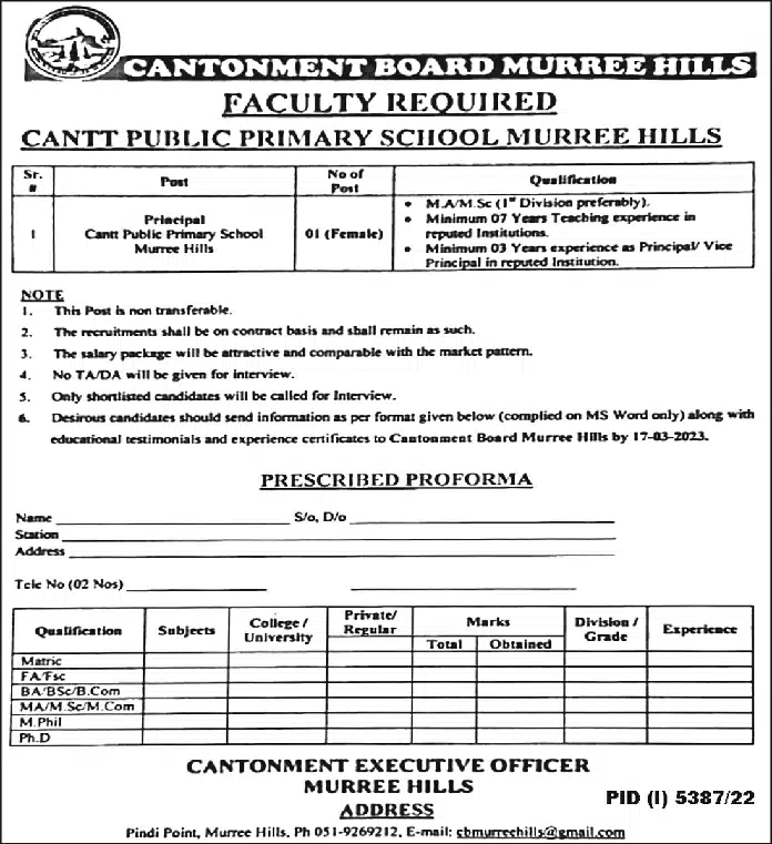 Official Advertisement Of Cantt Public Primary School Principal Jobs 2023 In Murree