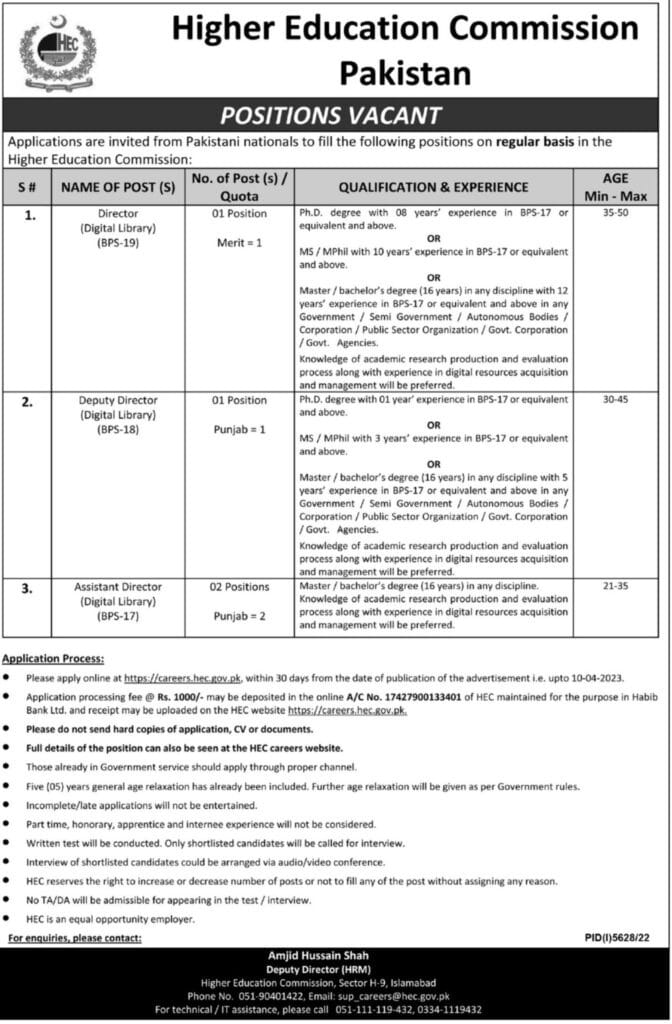 Details Of Higher Education Commission Hec Jobs 2023: