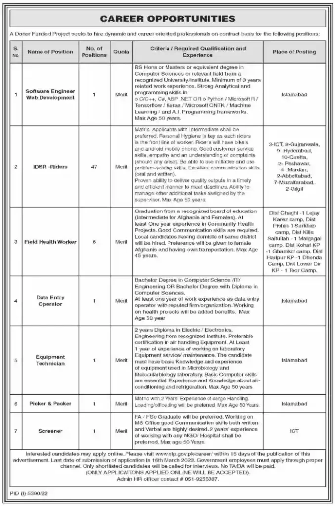 Official Advertisement Of National Tb Control Programme Jobs 2023 In Pakistan
