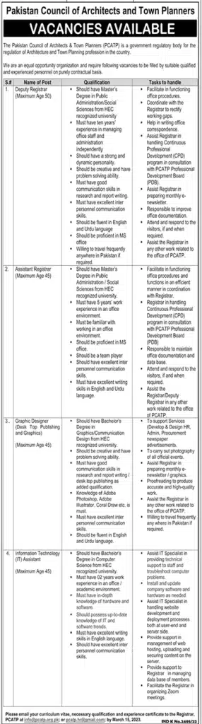 Official Advertisement Of Pakistan Council Of Architects And Town Planners  Jobs In Islamabad