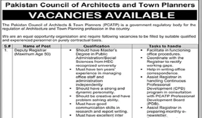 Pakistan Council Of Architects And Town Planners Jobs In Islamabad