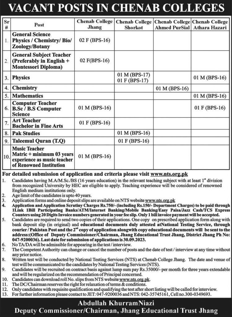 Unlocking Career Opportunities Chenab College Jhang Jobs 2023 Through Nts