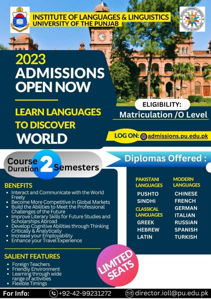 Prestigious University Of Punjab; Admissions Open In Institute Of Languages &Amp; Linguistics, University Of Punjab 2023