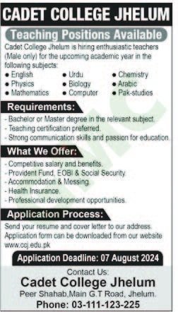 Latest Cadet College Jobs In Pakistan 2024