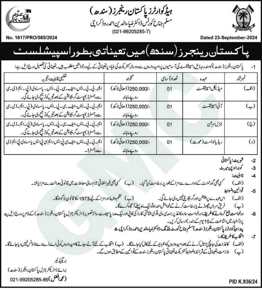 Headquarters Pakistan Rangers Jobs 2024 In Sindh Advertisement