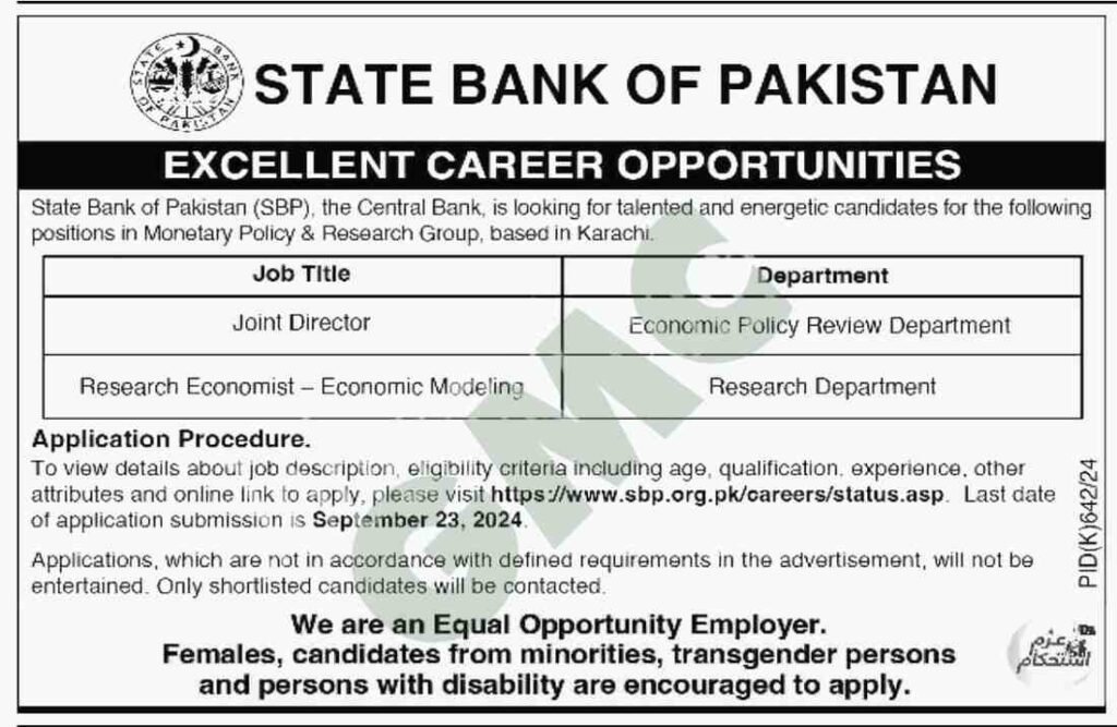 State Bank Of Pakistan Jobs 2024 Advertisement