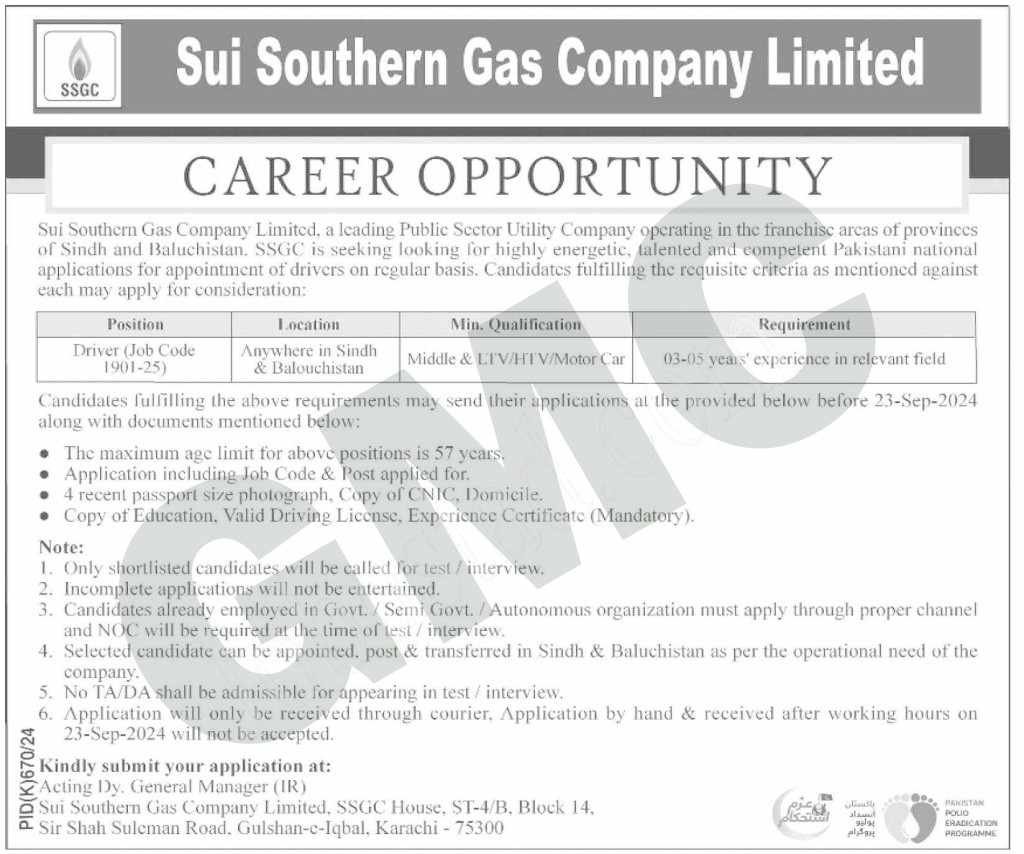 New SSGC Jobs 2024 Advertisement