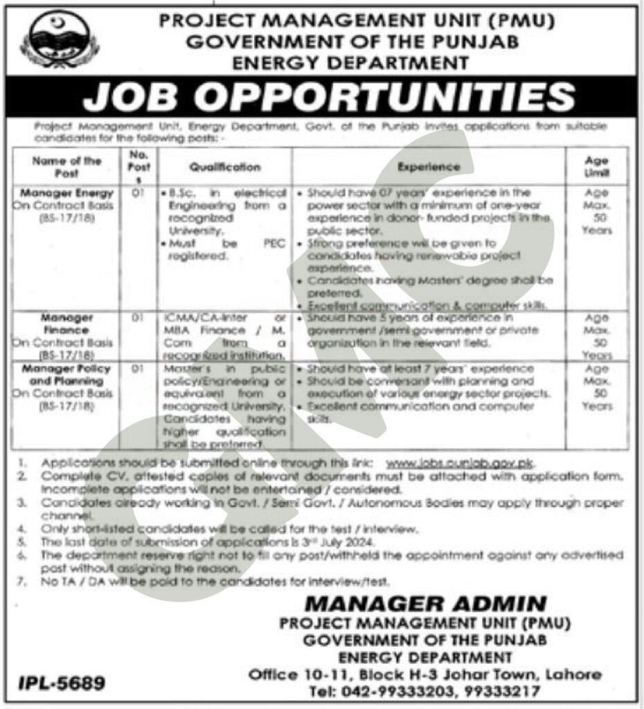 Government Of Punjab Energy Department Jobs 2024 Advertisement