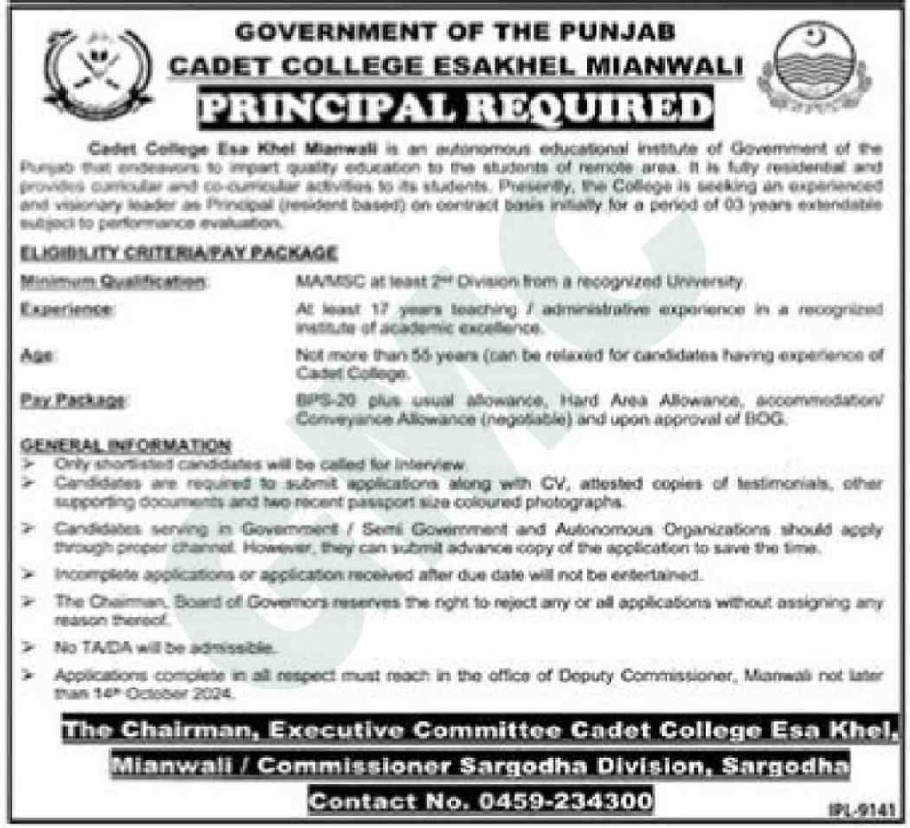 Cadet College Mianwali Jobs 2024 Advertisement