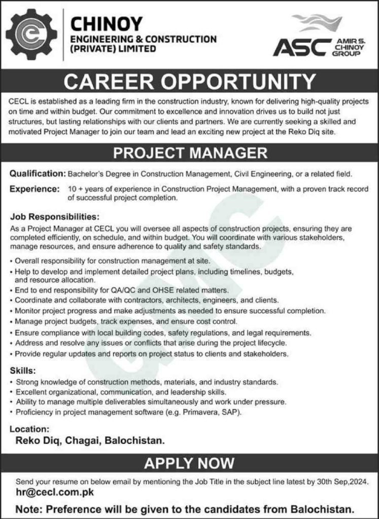 Chinoy Engineering & Construction Private Limited Jobs 2024 Advertisement