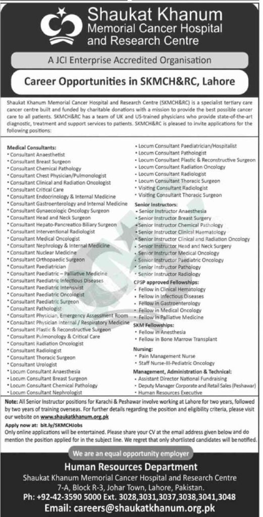 Shaukat Khanum Hospital Jobs 2024 In Lahore Advertisement