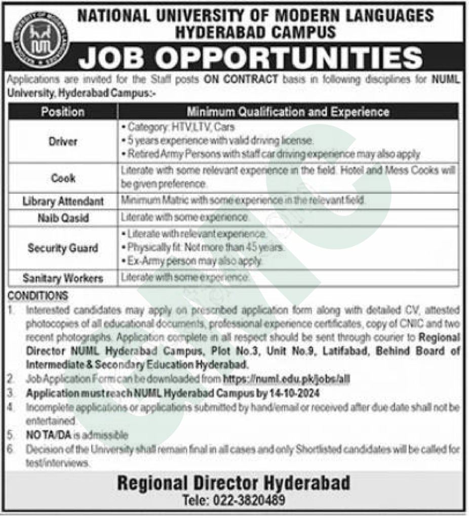 NUML University Jobs in Islamabad 2024 Advertisement