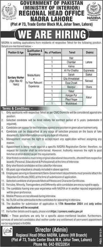 NADRA Jobs 2024 Advertisement Form