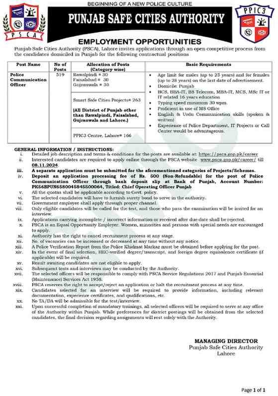 PSCA Jobs Advertisement